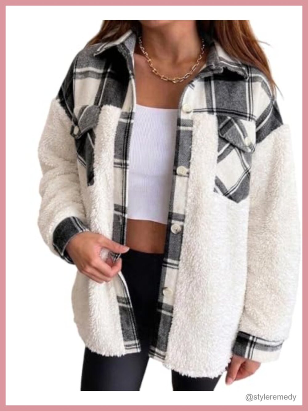 Fleece Lined Plaid Patchwork Sherpa Shacket Casual Jacket
